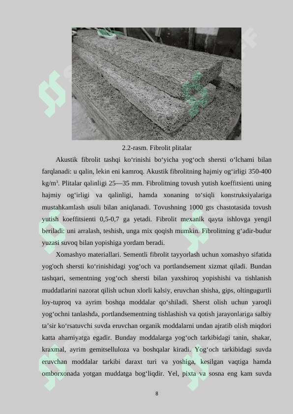 Yillik unumdorligi 200 ming m3 bo‘lgan Fibrolit ishlab chiqarish texnologiyasi 8
