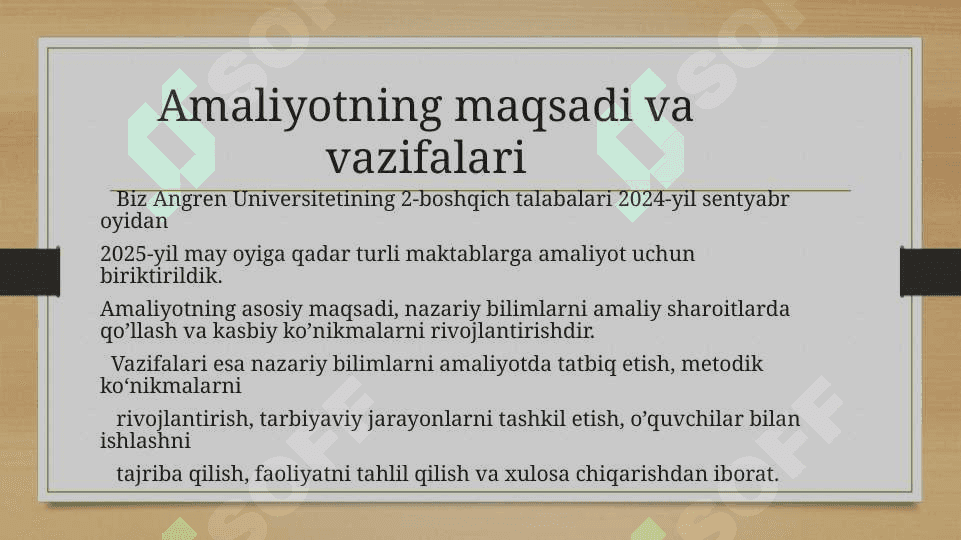 Amaliyotning maqsadi va vazifalari 2