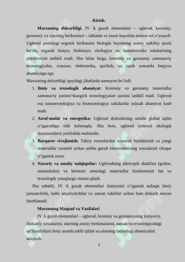 IV A guruhining elementlari: uglerod kimyosi,  kremniy kimyosi, germaniy kichik guruhining xususiyatlari 2