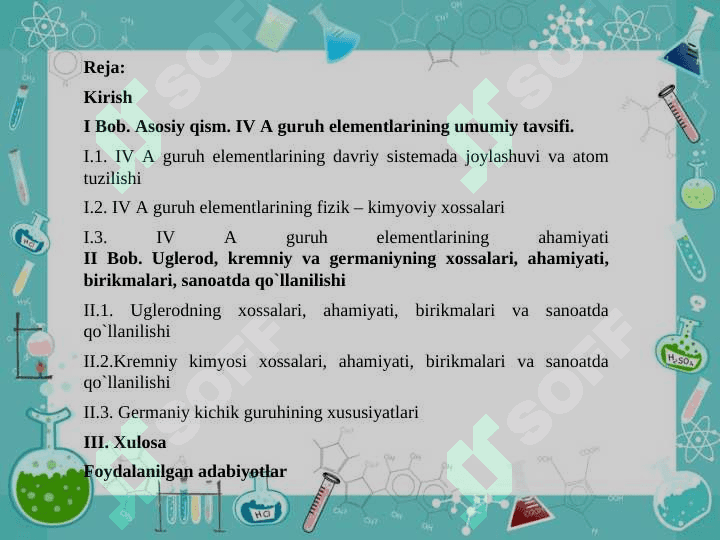 IV A guruhining elementlari: uglerod kimyosi,  kremniy kimyosi, germaniy kichik guruhining xususiyatlari 2