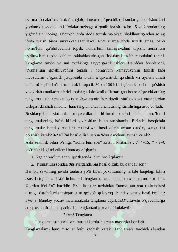 Boshlang'ich  sinf  matematika  kursida tenglamalar va ularni o‘rganish metodikasi 8
