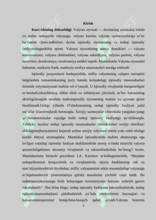 MAMLAKAT VALYUTA SIYOSATINI TAKOMILLASHTIRISH MASALALARI 2