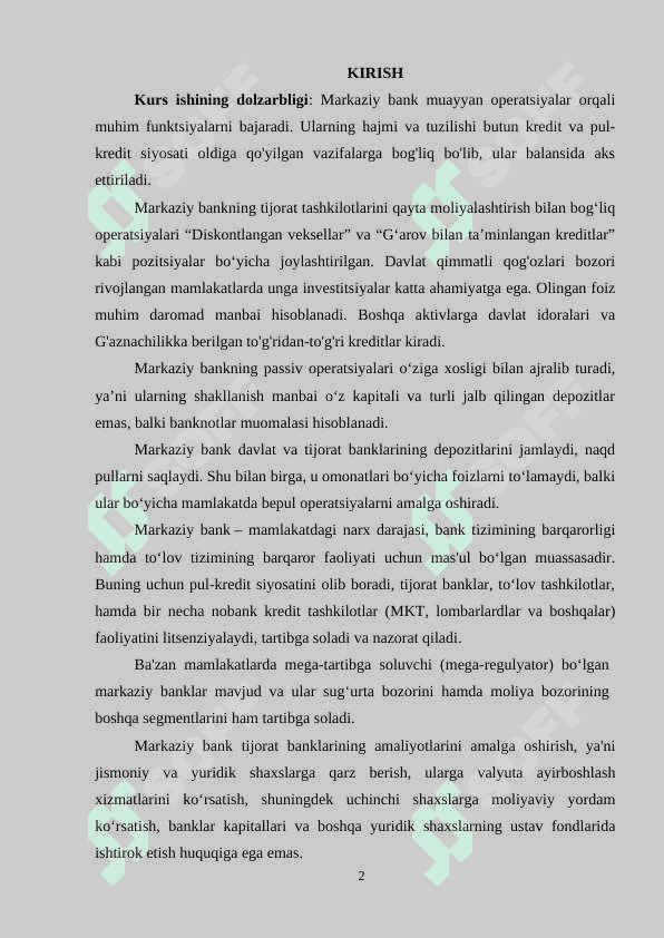 MARKAZIY BANKNING MOLIYA BOZORIDAGI FAOLIYATI VA OPERATSIYALARI 2