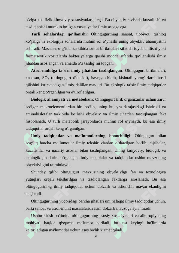 Oltingugurt allotropiyasi, tuzulishi, olinishi va xossalari 4