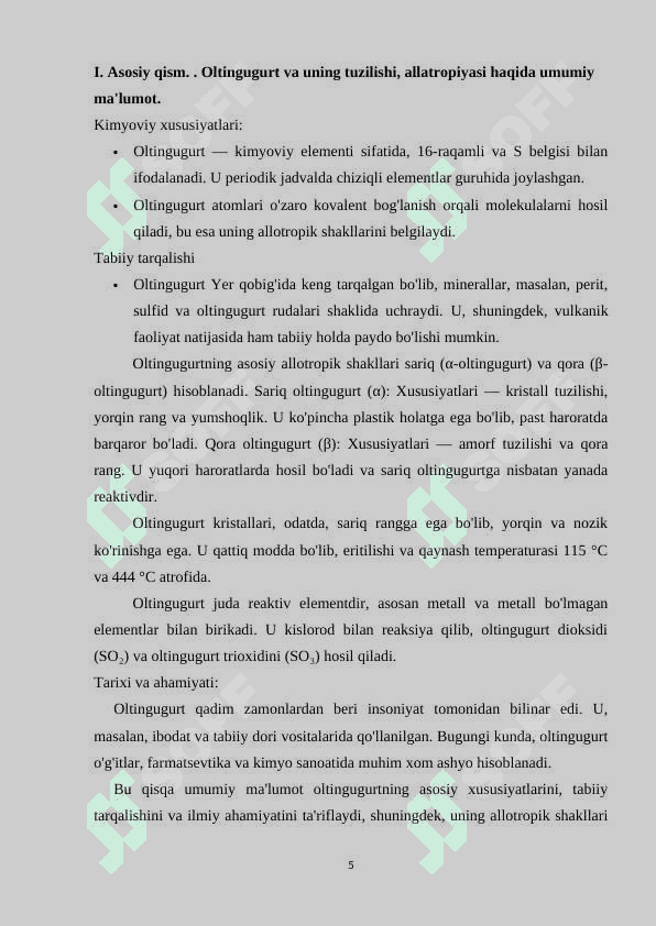 Oltingugurt allotropiyasi, tuzulishi, olinishi va xossalari 5