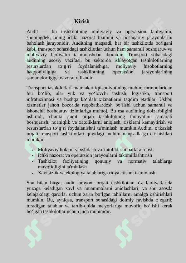 Transport  tashkilotlarida  auditning  maqsadi,           vazifalari  va  axborot  manbalar. 2
