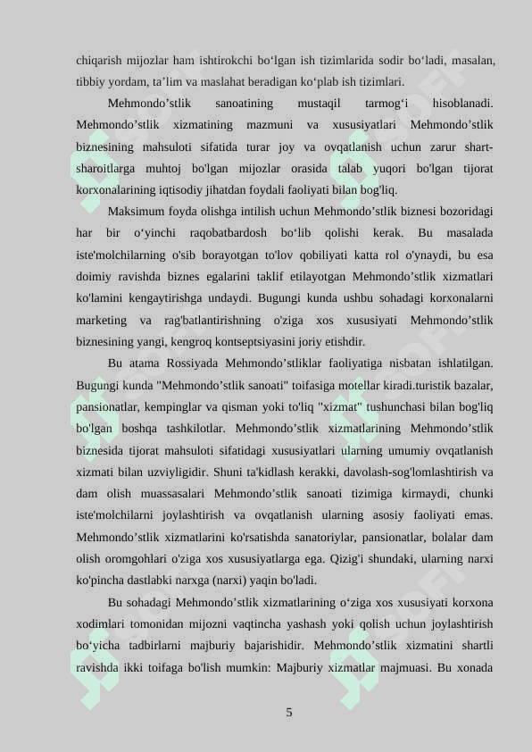 Mehmondo'stlik industryasi xizmat ko'rsatish faoliyatida biznesni rejalashtirish jarayonlari 5