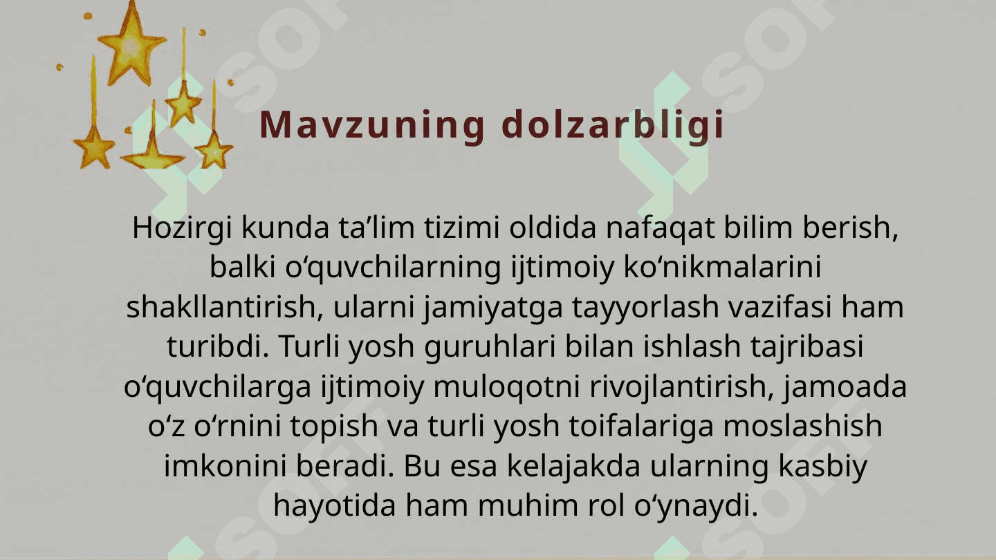 Mavzu
Boshlanģich ta'limda òquvchilarni turli yosh guruhlardagi bolalar bilan ishlashga tayyorlash 3