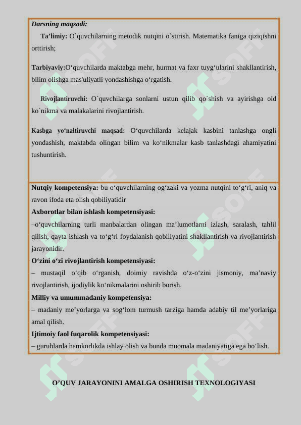 Oĝzaki hisoblashlar: qòshish, ayirish, kòpaytirish, butun sonlarni bòlish. 2
