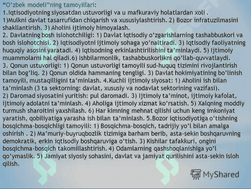 Mustaqillik yillarida davlat boshqaruvi tizimida amalga oshirilayotgan islohotlar. Mustaqil Oʻzbekistonda hokimiyatlari bo’linish prinsipi 4