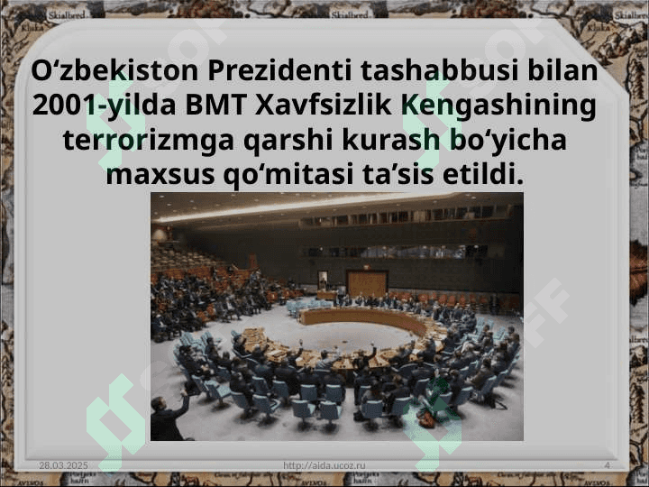 O‘zbekistonning Birlashgan Millatlar Tashkiloti doirasidagi faoliyati va tinchlikparvar tashqi siyosati 4