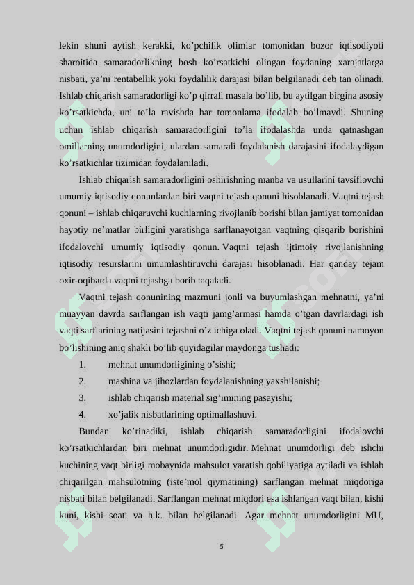 ISHLAB CHIQARISHNING SAMARADORLIGI VA UNING KO’RSATKICHLARI 5