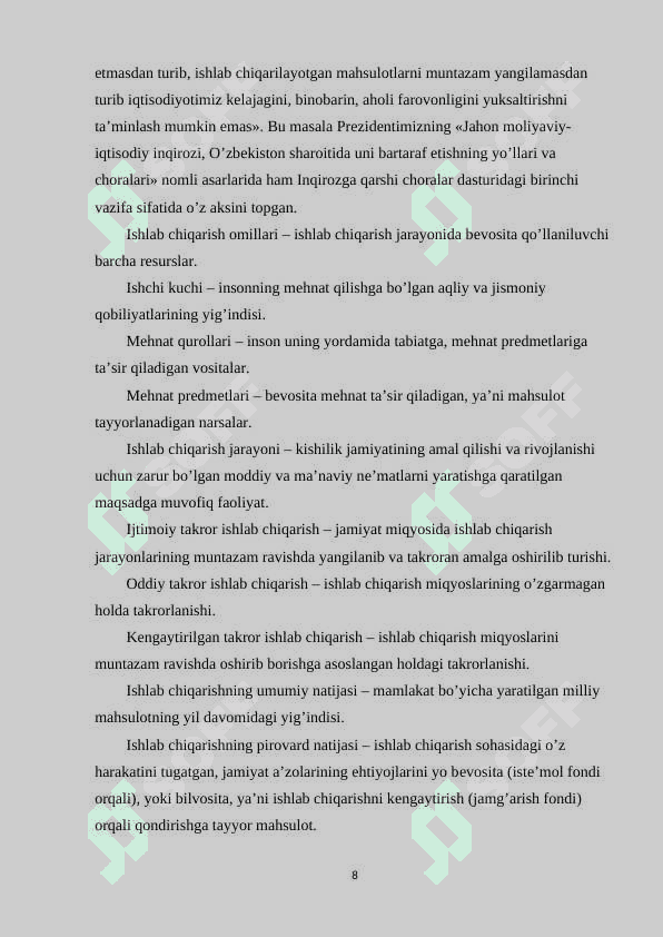 ISHLAB CHIQARISHNING SAMARADORLIGI VA UNING KO’RSATKICHLARI 8
