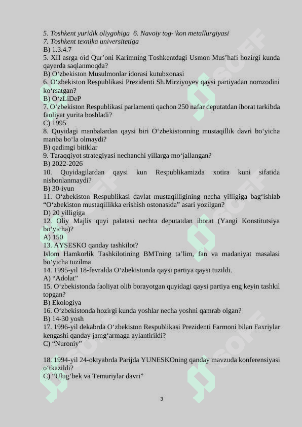 O'zbekistonning eng yangi tarixi test savollari 10 ta variant 3