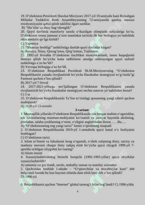 O'zbekistonning eng yangi tarixi test savollari 10 ta variant 4
