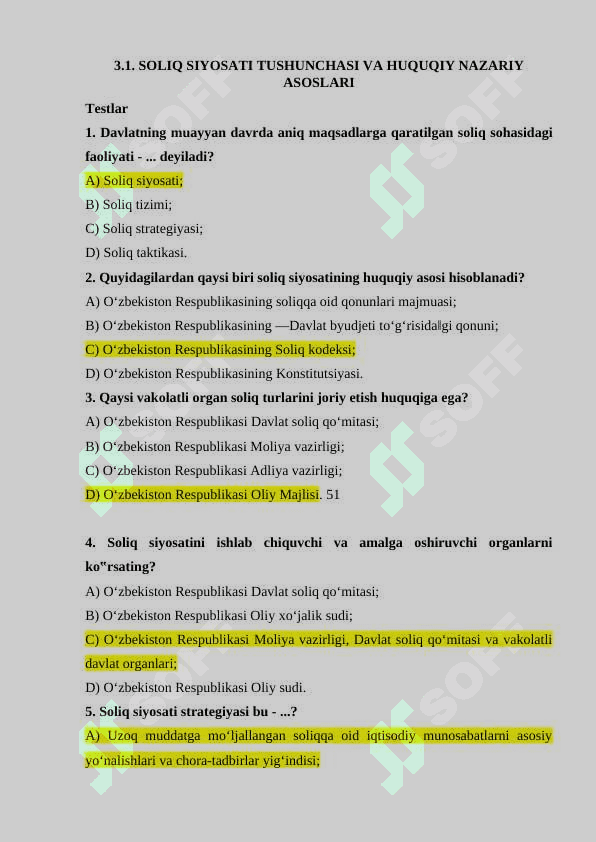 Soliqdan test savollari javoblari bilan 5
