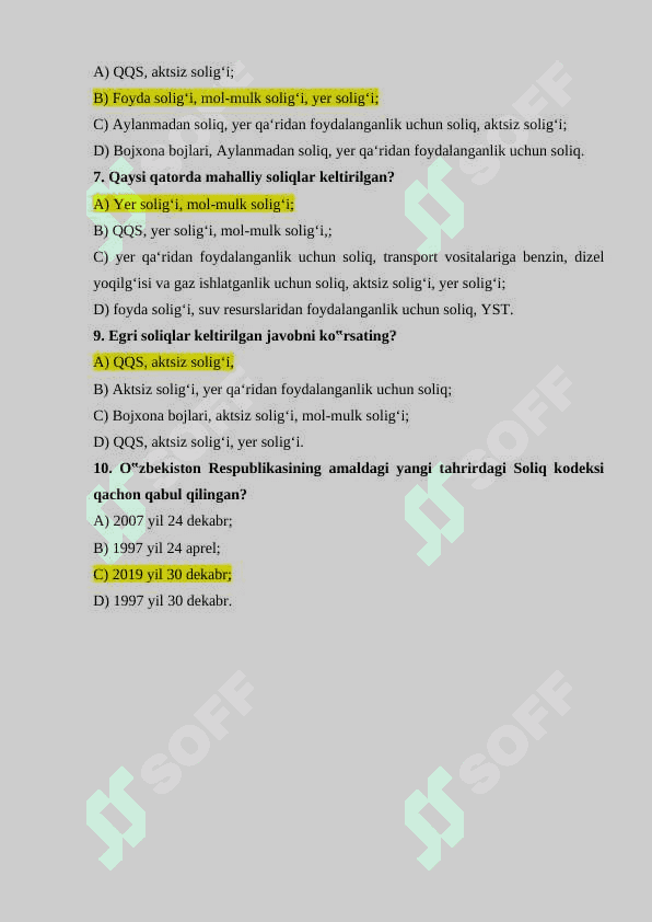 Soliqdan test savollari javoblari bilan 8