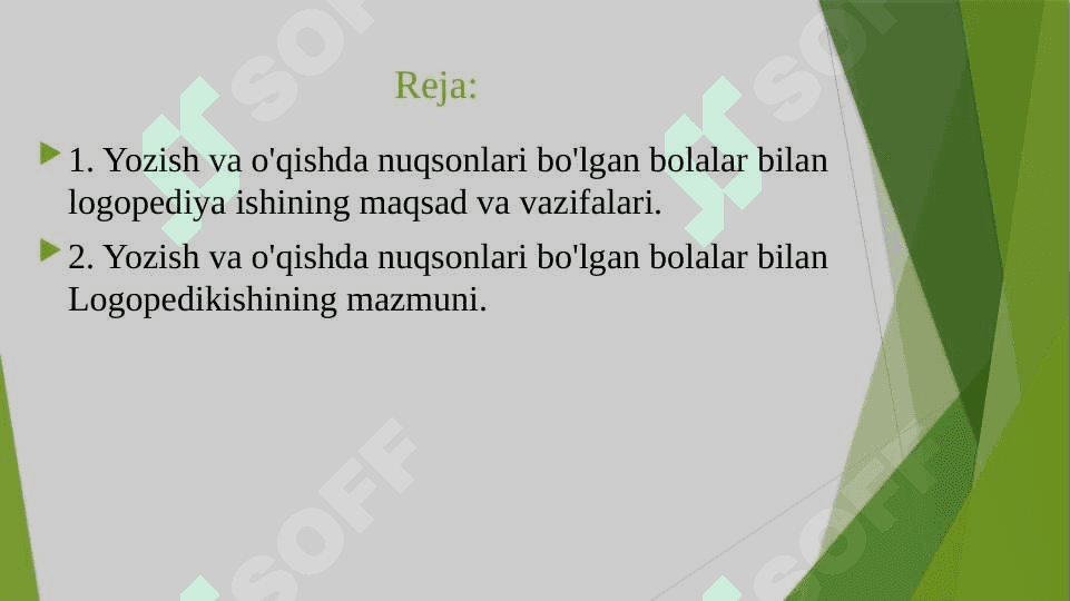 O‘qish va yozish buzilishlariga  ega bolalar bilan olib boriladigan logopedik ishlarni tashkil etish. FFN asosida disgarfiya va disleksiyaga ega bolalar bilan ishlashda individual va kichik guruhlar uchun dasturlar modelini yaratish 2