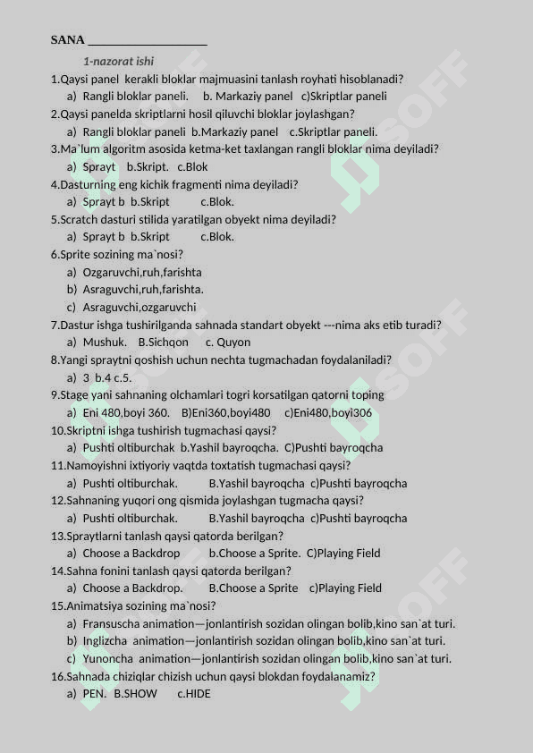 INFORMATIKA fanidan  NAZORAT ISHLARI DAFTARI 2