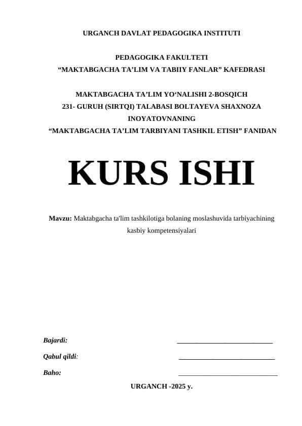 Maktabgacha ta'lim tashkilotiga bolaning moslashuvida tarbiyachining kasbiy kompetensiyalari