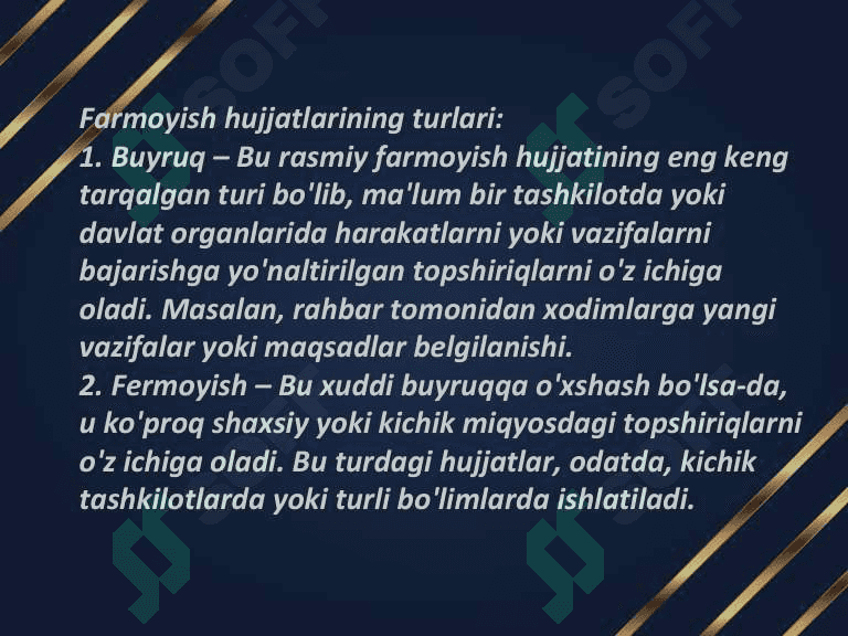 Farmoyish hujjatlar va ularning turlari. Ma'lumot axborot hujjatlari. 4