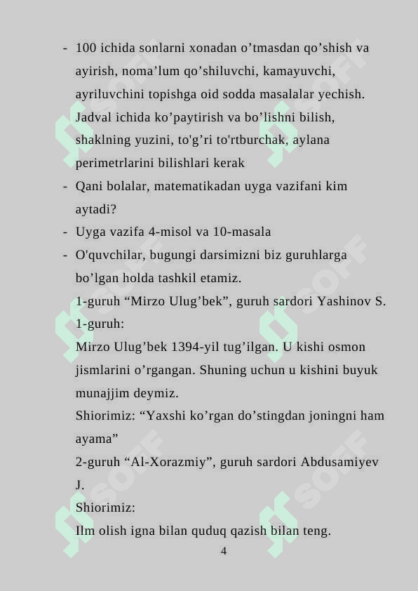 Mavzu: 4 ga ko’paytirish va 4 ga bo’lish , DARS ISHLANMA 4