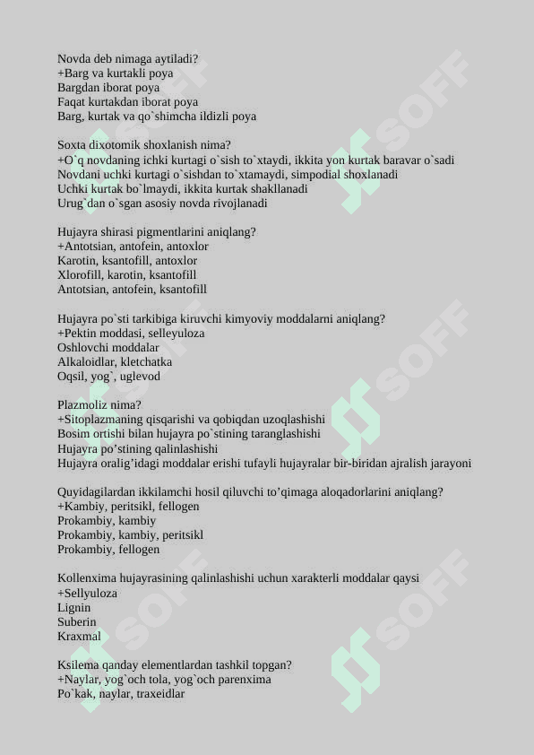 Botanika va o'simliklar fiziologiyasi test 3