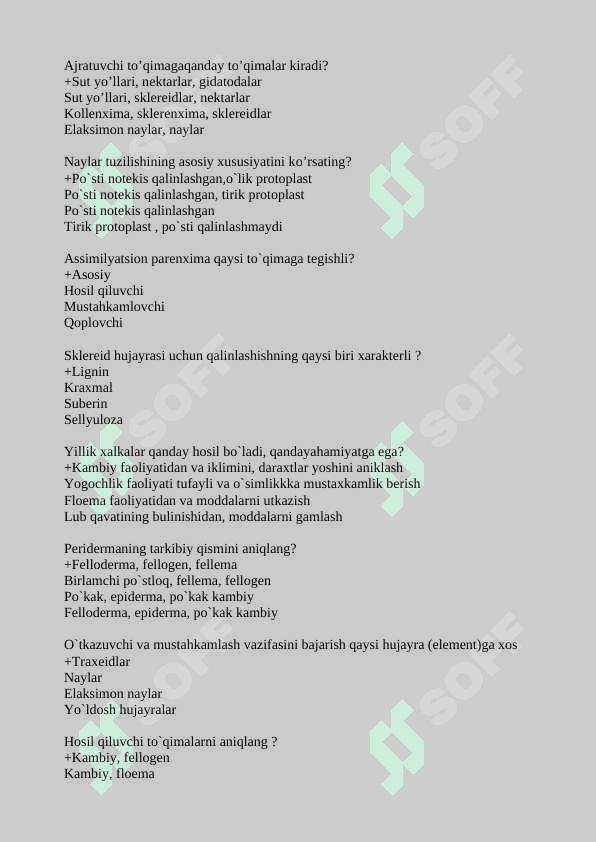 Botanika va o'simliklar fiziologiyasi test 5