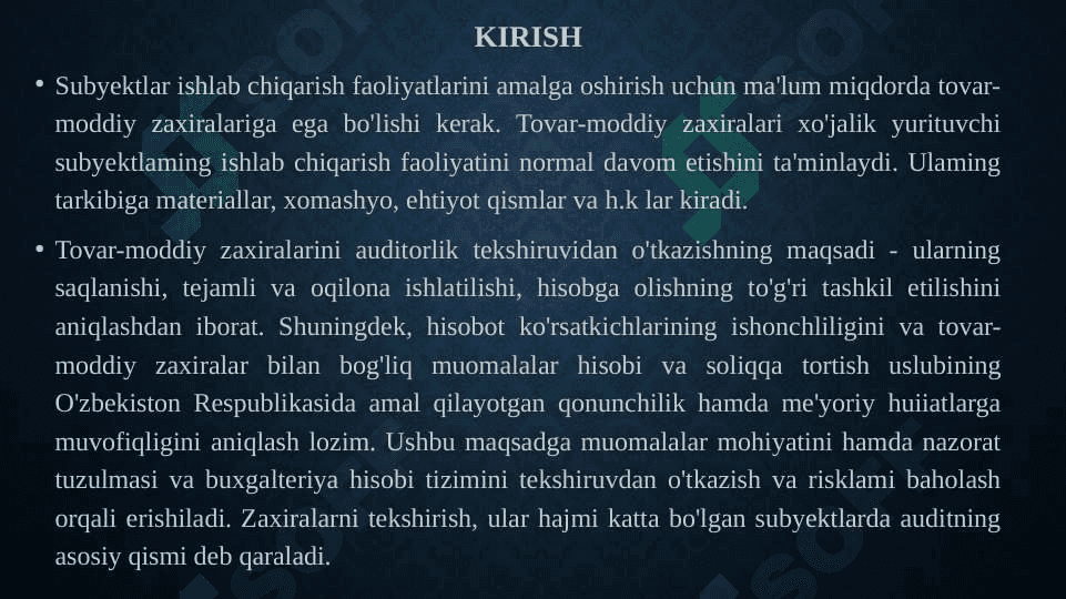 TOVAR MODDIY ZAXIRALARINI QABUL QILISH VA HISOBGA OLISH TO'G'RILIGINI TEKSHIRIS 3