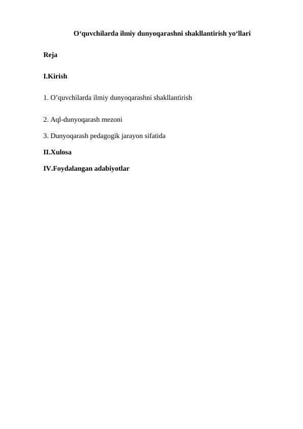O‘quvchilarda ilmiy dunyoqarashni shakllantirish yo‘llari