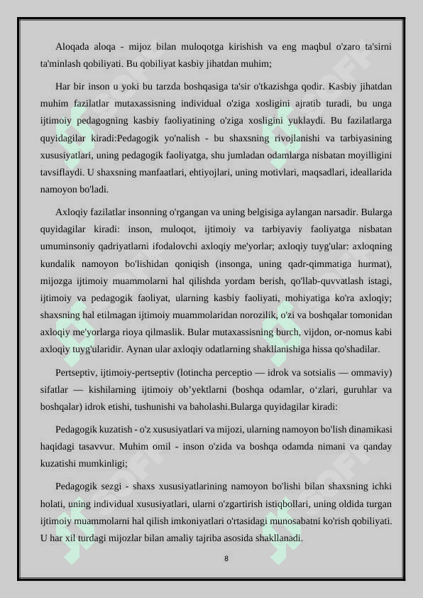 IJTIMOIY  PEDAGOG   KASBIY   FAOLIYATINING O‘ZIGA  XOSLIGI 8
