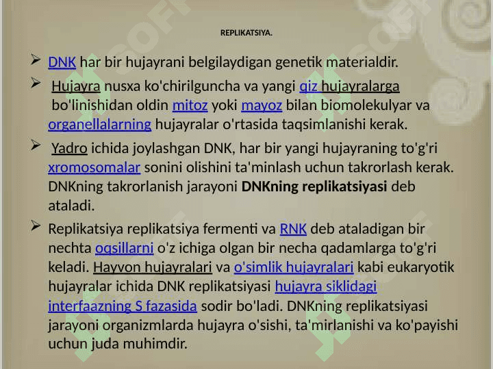 Replikatsiyaning molekulyar asoslari. Rеplikаtsiyaning turlаri. Rеplikаtsiya jаrаyonining o’tishi uchun shаrt bo’lgаn shаrоitlаr. Polemerazalar oilasi 7