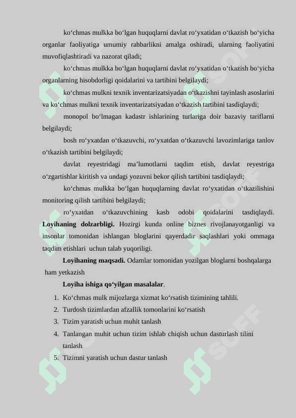 “Ko‘chmas mulk” sohasida davlat interaktiv xizmatlarini loyihalashtirish Mavzusidagi Loyiha ishi 6