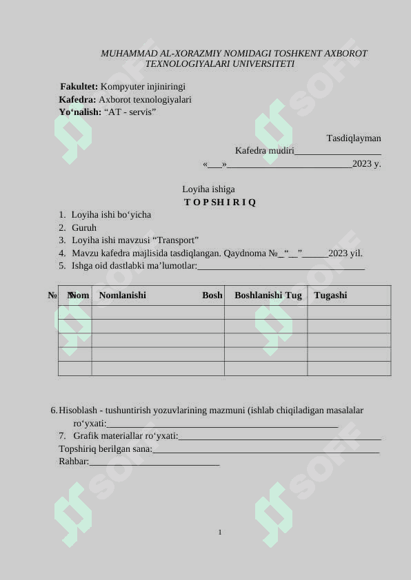 “Transport” sohasida davlat interaktiv xizmatlarini loyihalash Mavzusida Loyiha ishi 2