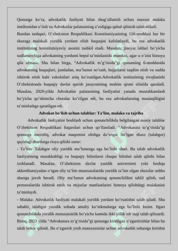 Advokat maqomini olish, to‘xtatib turish va tugatish 4