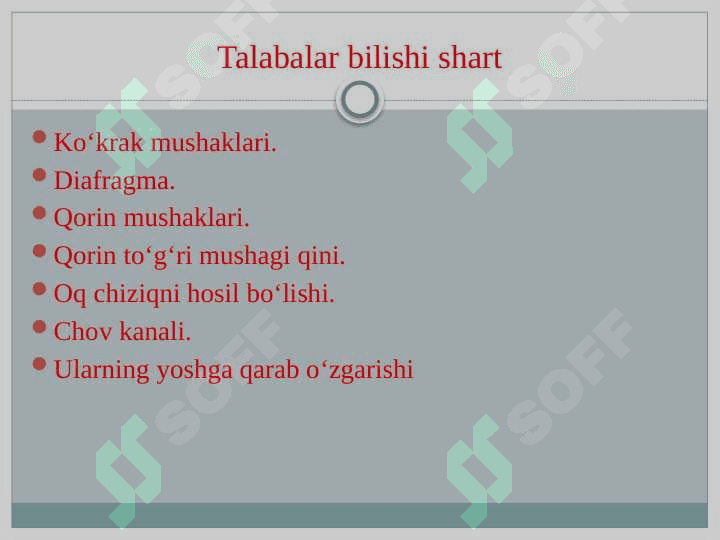 Ko‘krak mushaklari. Diafragma. Ularning yoshga qarab o‘zgarishi. Qorin mushaklari. Qorin to‘g‘ri mushagi qini. Oq chiziqni hosilbo‘lishi. Chov kanali. Ularning yoshga qarab o‘zgarishi 2