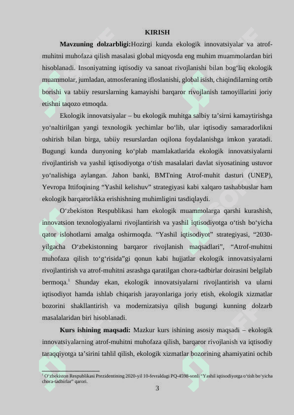 MAVZU: EKOLOGIK INNOVATSIYALAR VA ATROF MUHITNI MUHOFAZA QILISHDA YANGI YONDASHUVLAR 3