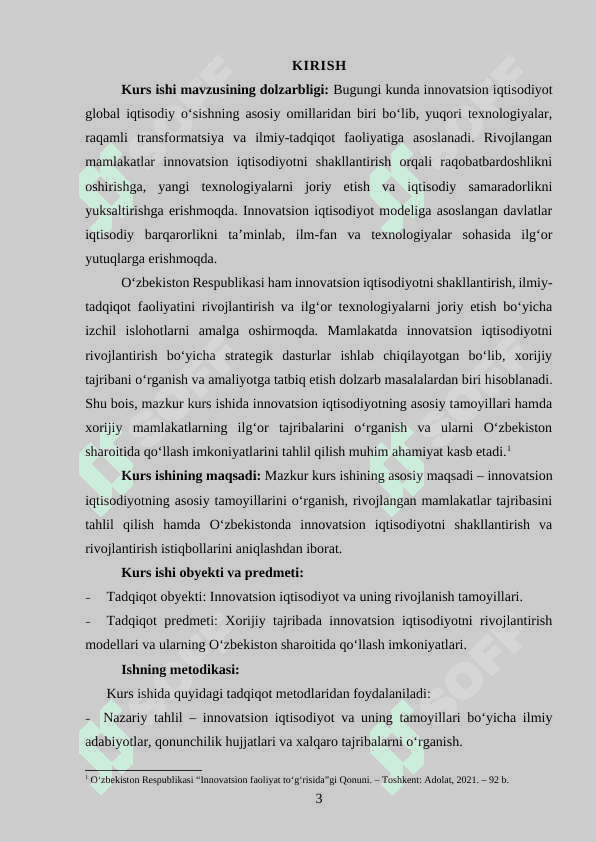 MAVZU: Xorijiy tajribada innovation iqtisodiyotning asosiy tamoyillari va ularni O'zbekistonda qo'llash imkoniyatlari. 3