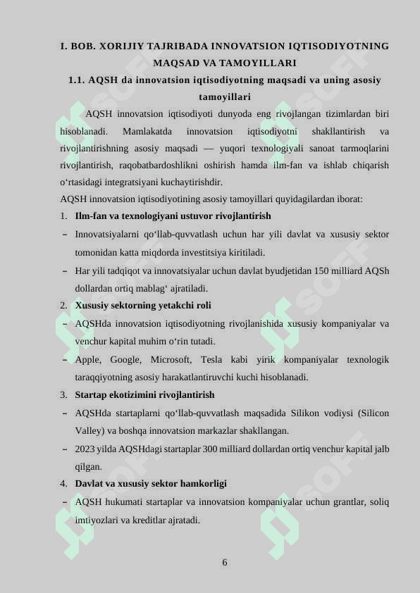 MAVZU: Xorijiy tajribada innovation iqtisodiyotning asosiy tamoyillari va ularni O'zbekistonda qo'llash imkoniyatlari. 6