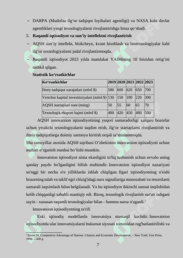 MAVZU: Xorijiy tajribada innovation iqtisodiyotning asosiy tamoyillari va ularni O'zbekistonda qo'llash imkoniyatlari. 7