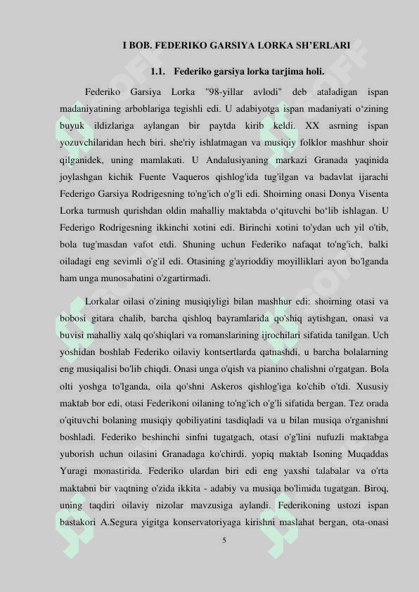 FEDERIKO GARSIYA LORKA SH’ERIYATI O`ZBEK TILIDA TARJIMADA SHAKLI MAZMUN BIRLIGINI SAQLASH MA’SALASI 5