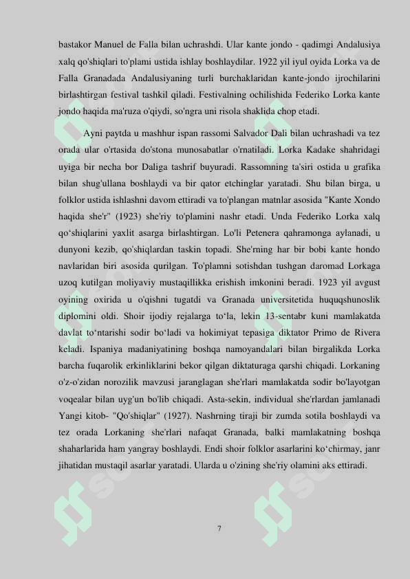 FEDERIKO GARSIYA LORKA SH’ERIYATI O`ZBEK TILIDA TARJIMADA SHAKLI MAZMUN BIRLIGINI SAQLASH MA’SALASI 7