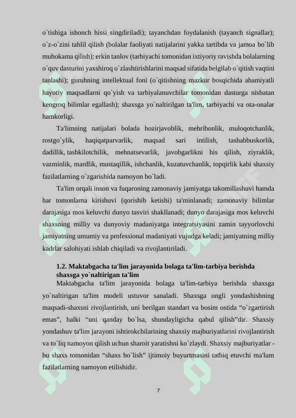 Ixtisoslashtirilgan maktabgacha ta'lim tashkilotlari va qo'shma tipdagi maktabgacha ta'lim tashkilotlarida pedagogik jarayonlarni nazorat qilish. 7