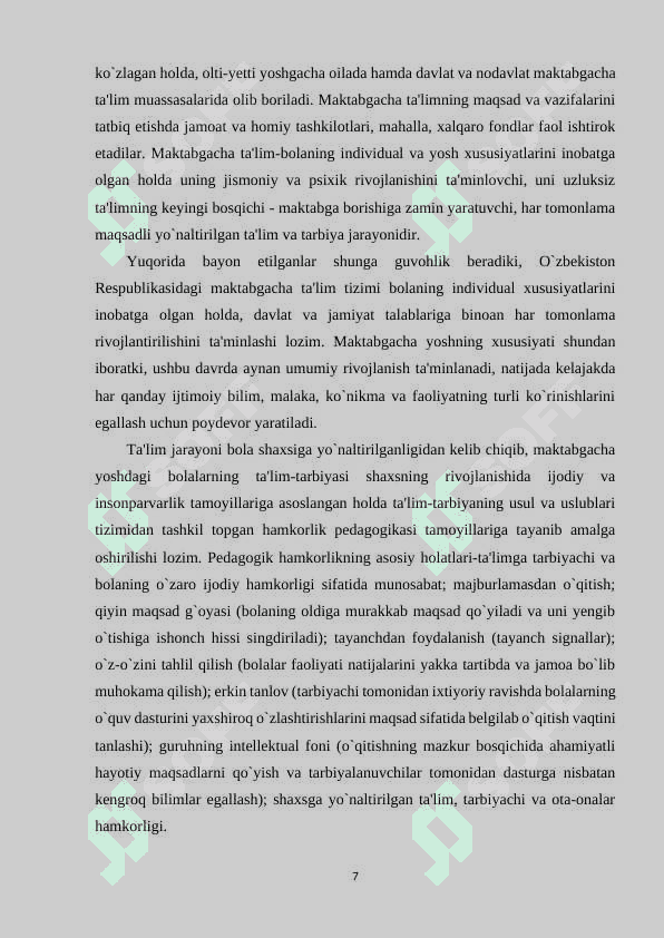 MAVZU : Ixtisoslashtirilgan maktabgacha ta'lim tashkilotlari va qo'shma tipdagi maktabgacha ta'lim tashkilotlarida pedagogik jarayonlarni nazorat qilish. 7