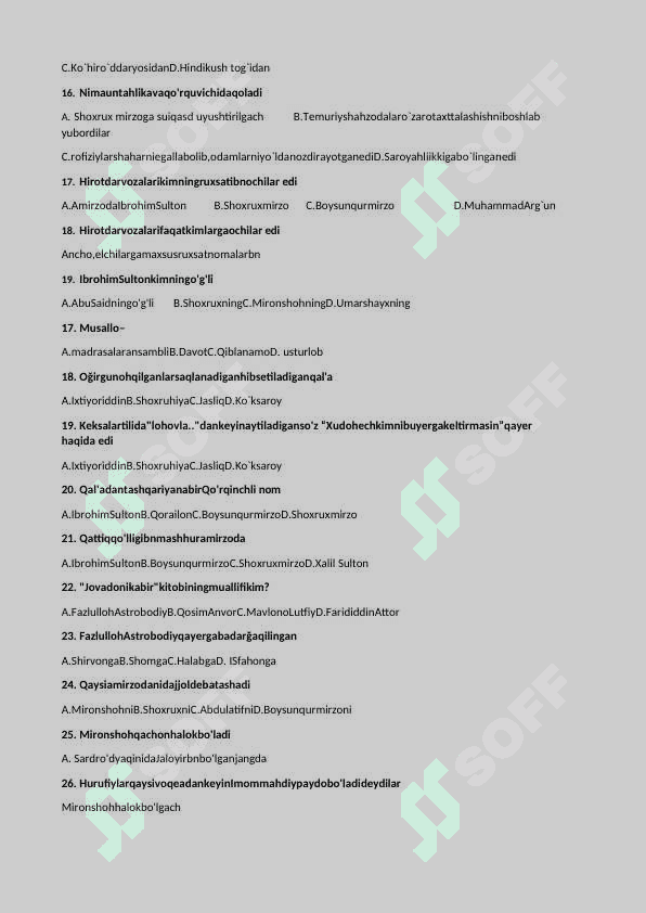 Me'mor romani bo'yicha testlar javobli 2