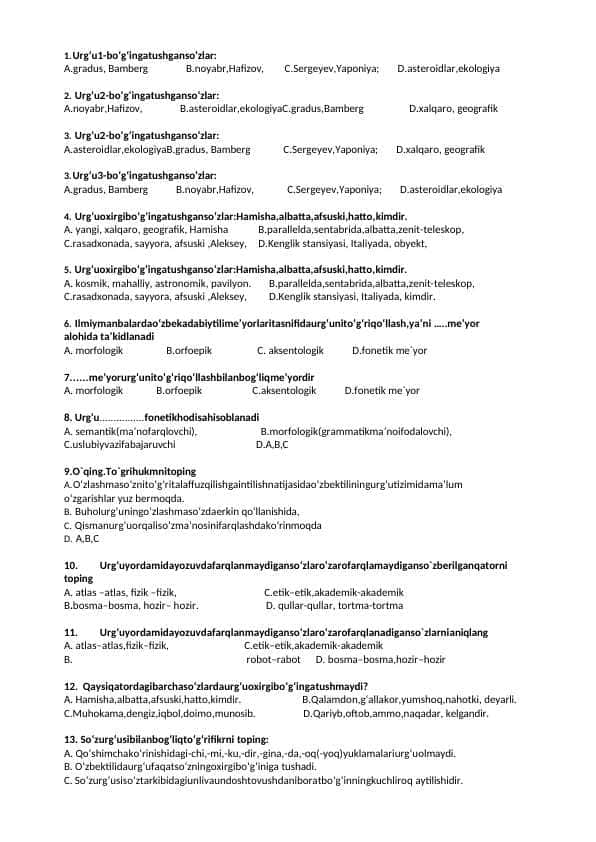 URG'U BO'YICHA TESTLAR javobli