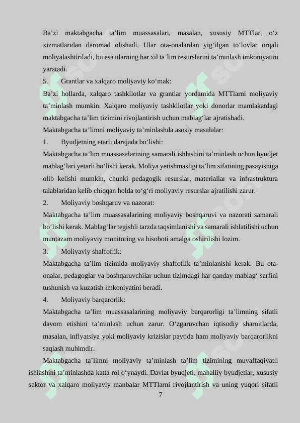Maktabgacha ta’limni moliyaviy ta’minlashda rahbarning roli. 7