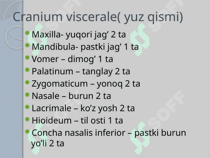 Kalla suyaklarining umumiy anatomiyasi(yuz qism suyaklari) 2