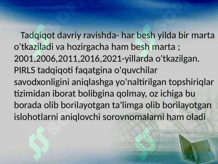 PIRLS oʻqish savodxonligini baholash qamrov doirasi 3