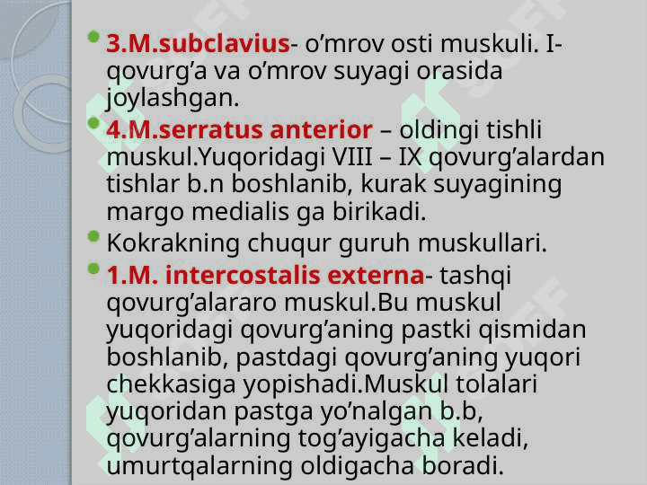 Mushaklar to’g’risida ma’lumot. Ko’krak, qorin, orqa mushaklari va fassiyalari.Diafragma.Qorin sohasining topografiyasi: qorin to’g’ri mushagining qini, oq chiziq, chov kanali 5